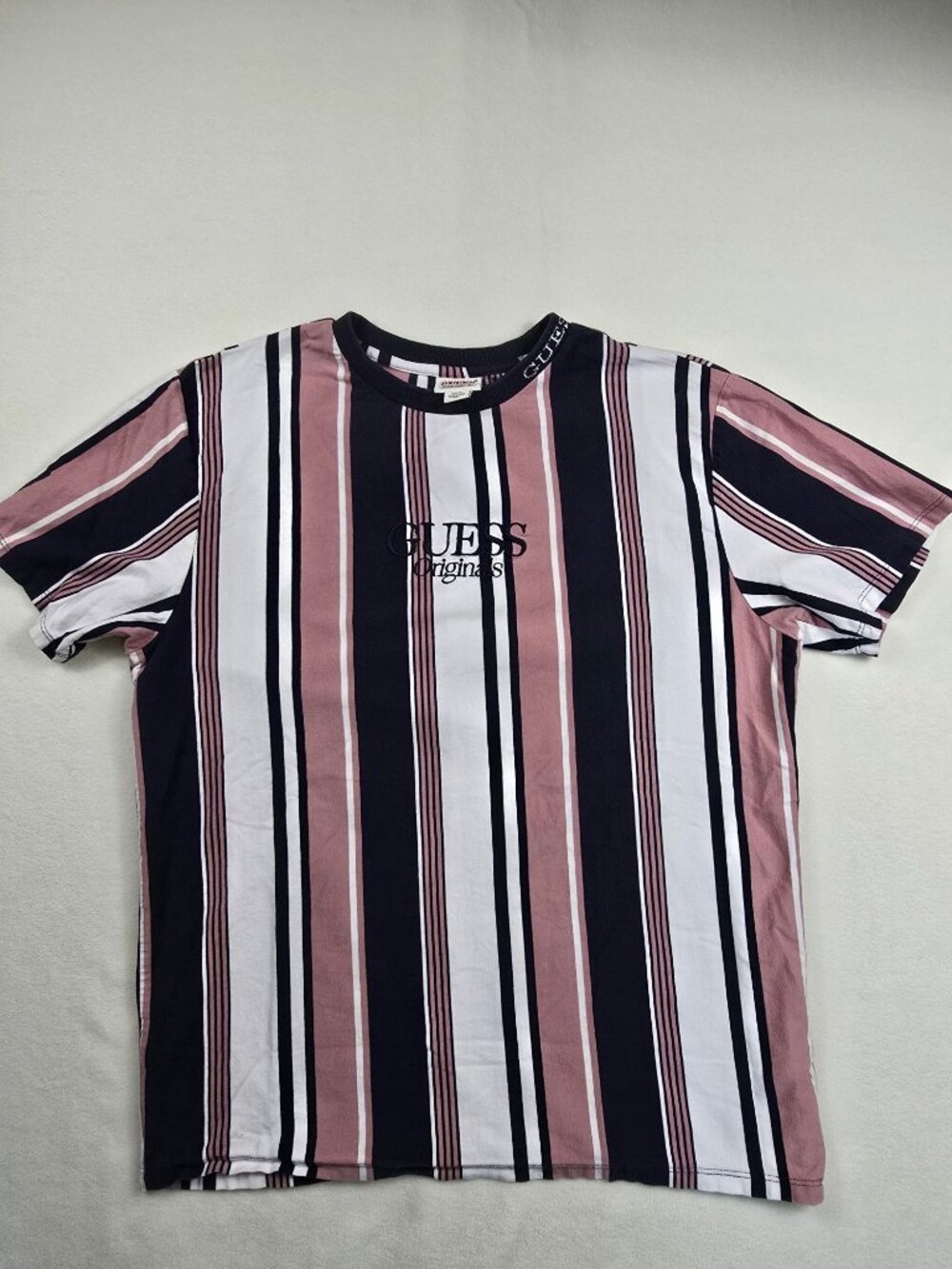 Vintage Guess Originals Vertical Striped Logo T-Shirt Pink/Black/White Size M